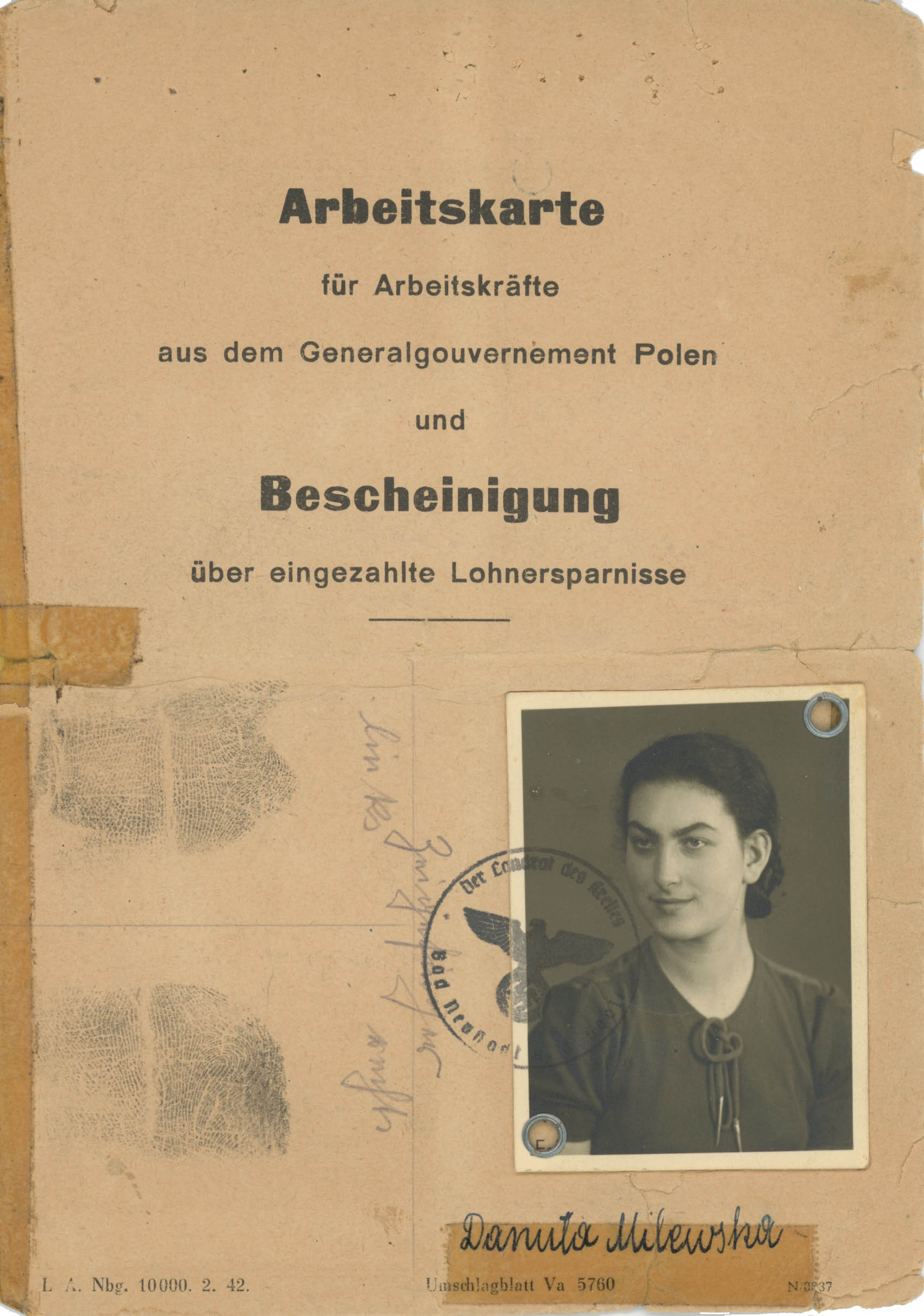 My mother's work card as a slave laborer in Germany. Note her alias below the photo.
