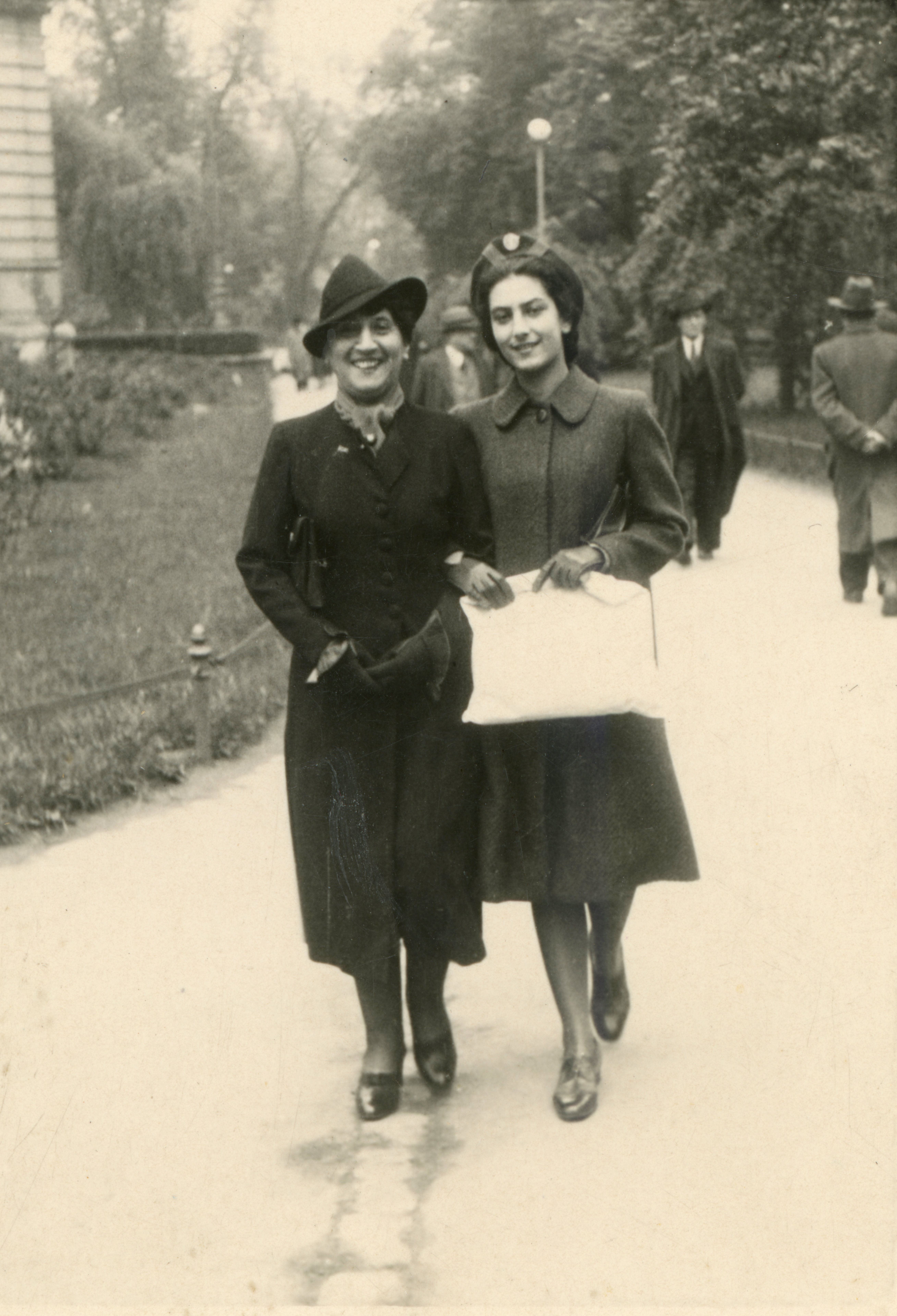 My mother, Irena Goldberger, walking with her her mother, Teofila, to the dressmaker, May 1939. This is the last photo taken of them before WWII.